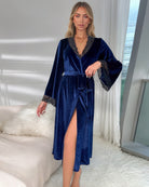 Blue velvet mid-robe with lace V-neck trim and tie belt, front slit