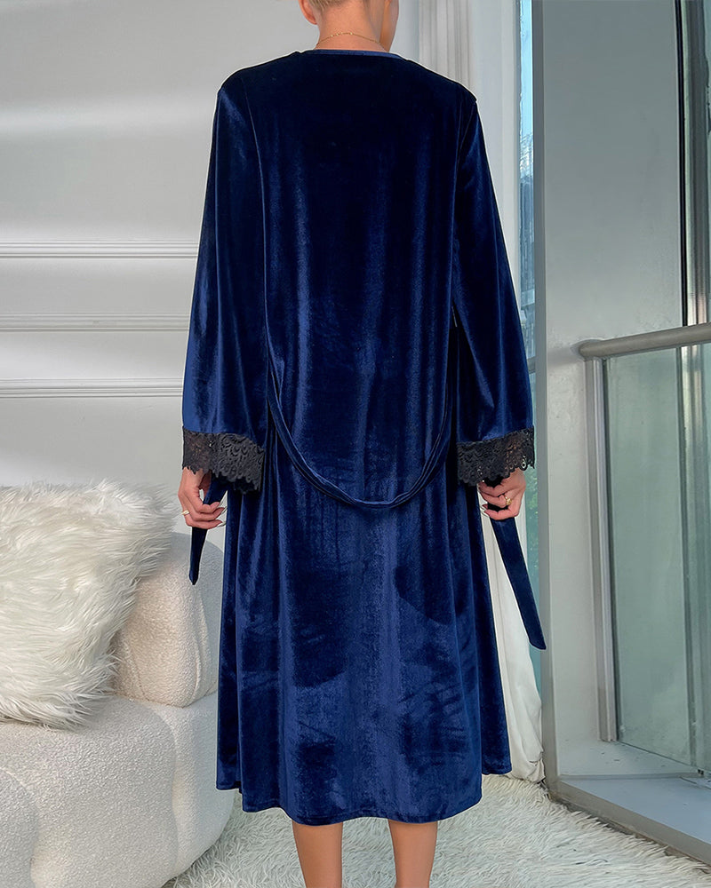 Blue velvet mid-robe with lace cuffs, tie belt, open-back drape