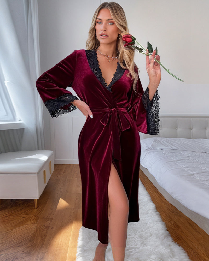 Wine red velvet mid-robe with lace V-neck trim, tie belt, front slit