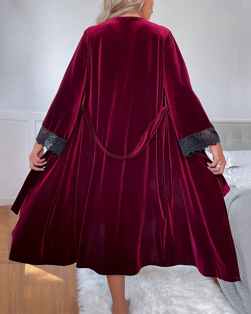 Wine red velvet mid-robe with lace cuffs, tie belt, open-back drape