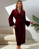 Wine red velvet robe and dress set, deep V-neck, lace trim, belted waist, side slit