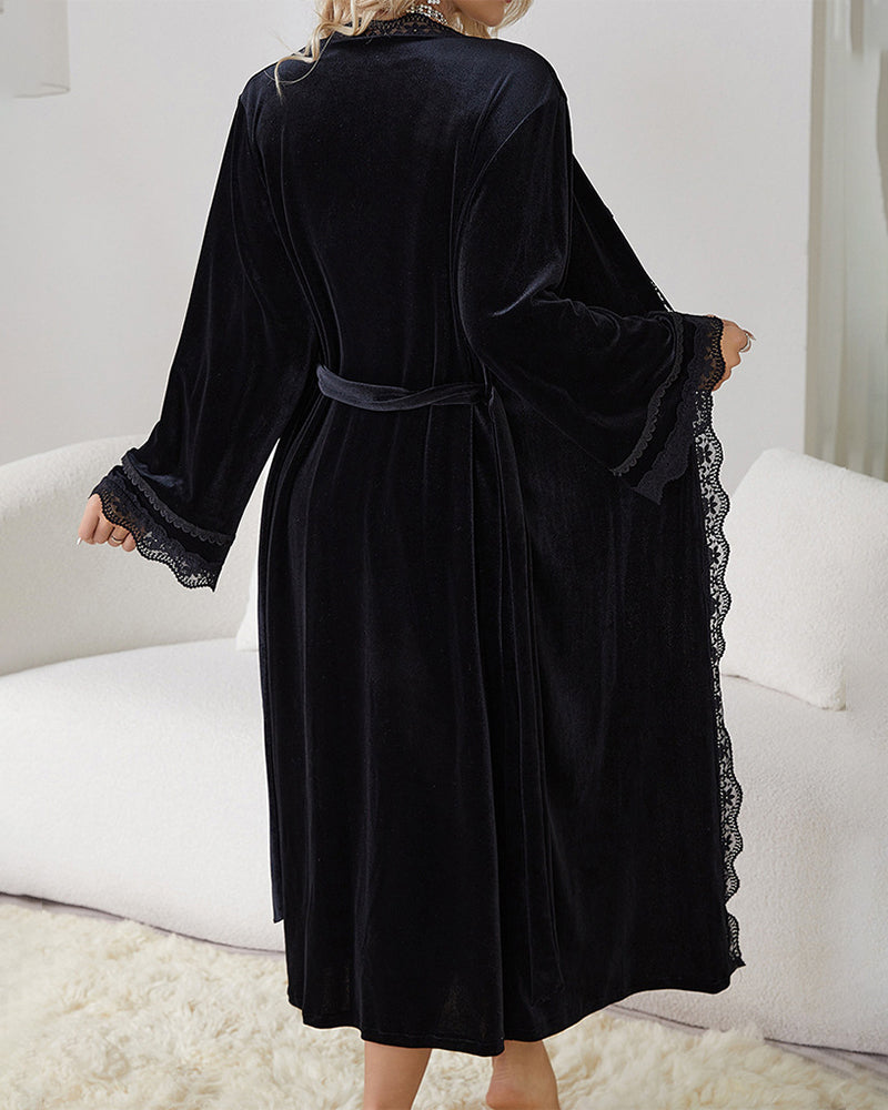 Black velvet robe, deep V back, belted waist with lace trim along cuffs and hem
