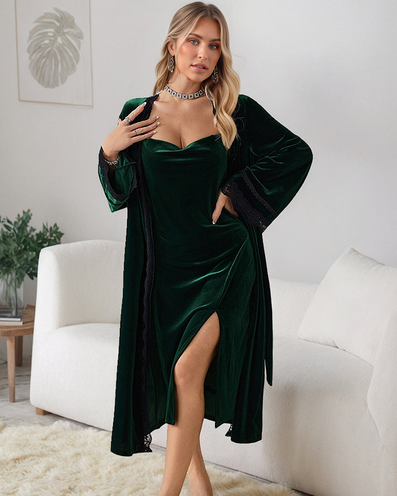 Dark green velvet slip dress with matching robe, deep V-neck, lace trim, side slit