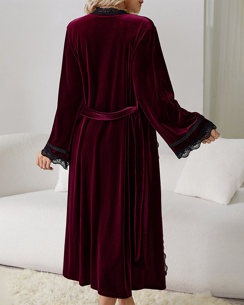 Wine velvet robe with waist tie, lace-trimmed hem and cuffs, back view