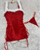 Red velvet babydoll set with white fur trim plus matching red triangle lingerie