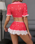 Red polka dot lace-trim lingerie set with ruffled sleeves and flared mini skirt