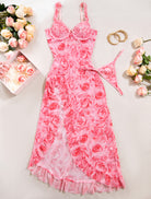 Pink floral high-slit chemise set with thin straps and matching thong