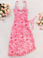 Pink floral high-slit chemise set with ruffled hem and matching thong
