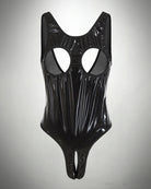 Black PU leather crotchless cupless teddy with cupless cutouts and V-shaped crotch