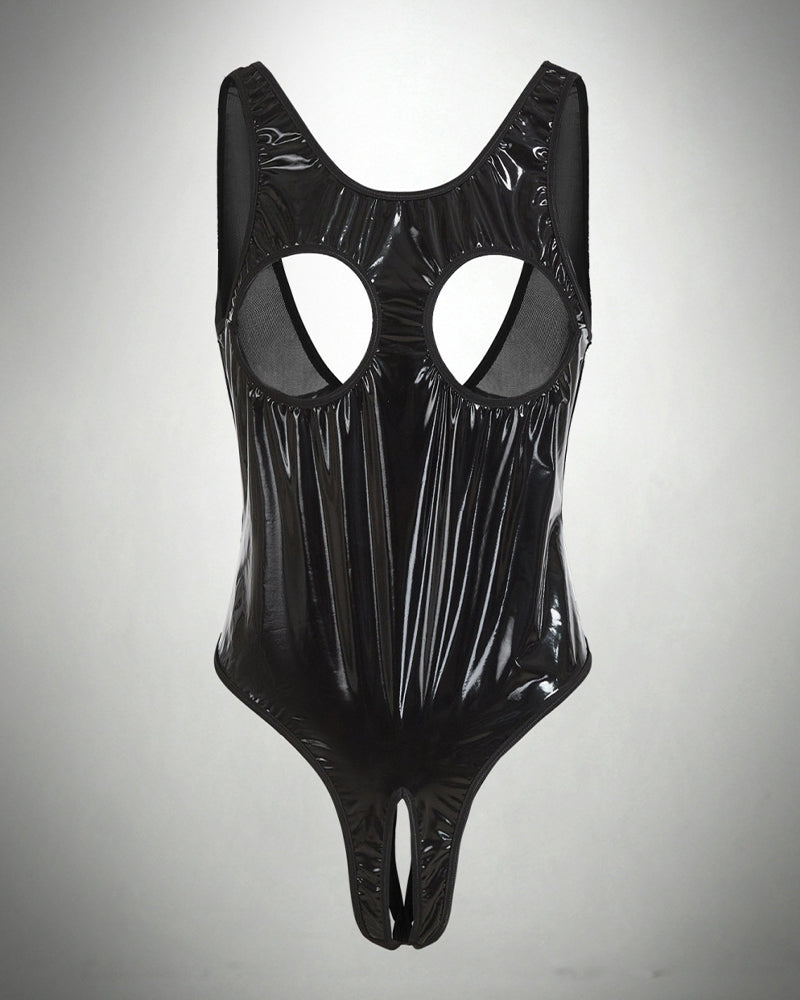 Black PU leather crotchless cupless teddy with cupless cutouts and V-shaped crotch
