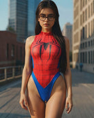 Red spider-web crotchless bodysuit with blue V-shaped panel and black spider emblem