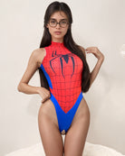 Red spider-web crotchless bodysuit with blue side panels and black spider graphic