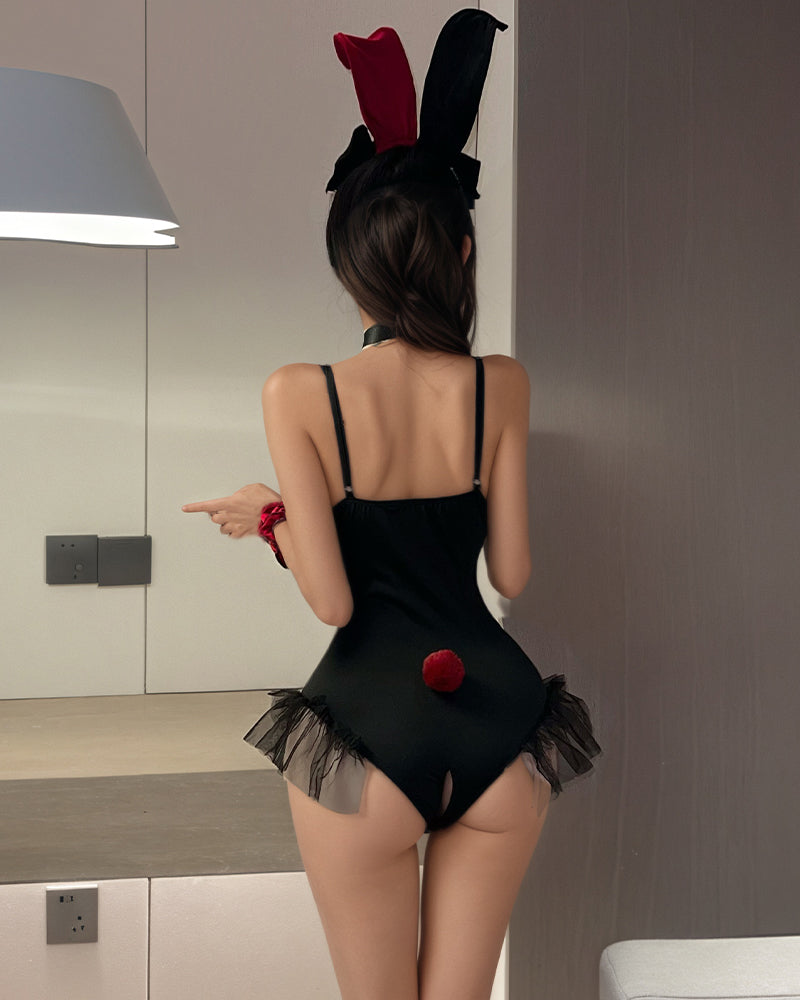Back view crotchless rabbit-eared bodysuit in black with red accents and tulle skirt