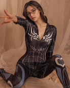 Spider-print crotchless zipper bodysuit, long sleeves, black with blue web design