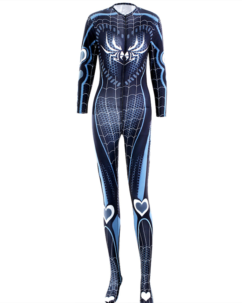 Spider-print crotchless zipper bodysuit, full front view, black with blue accents