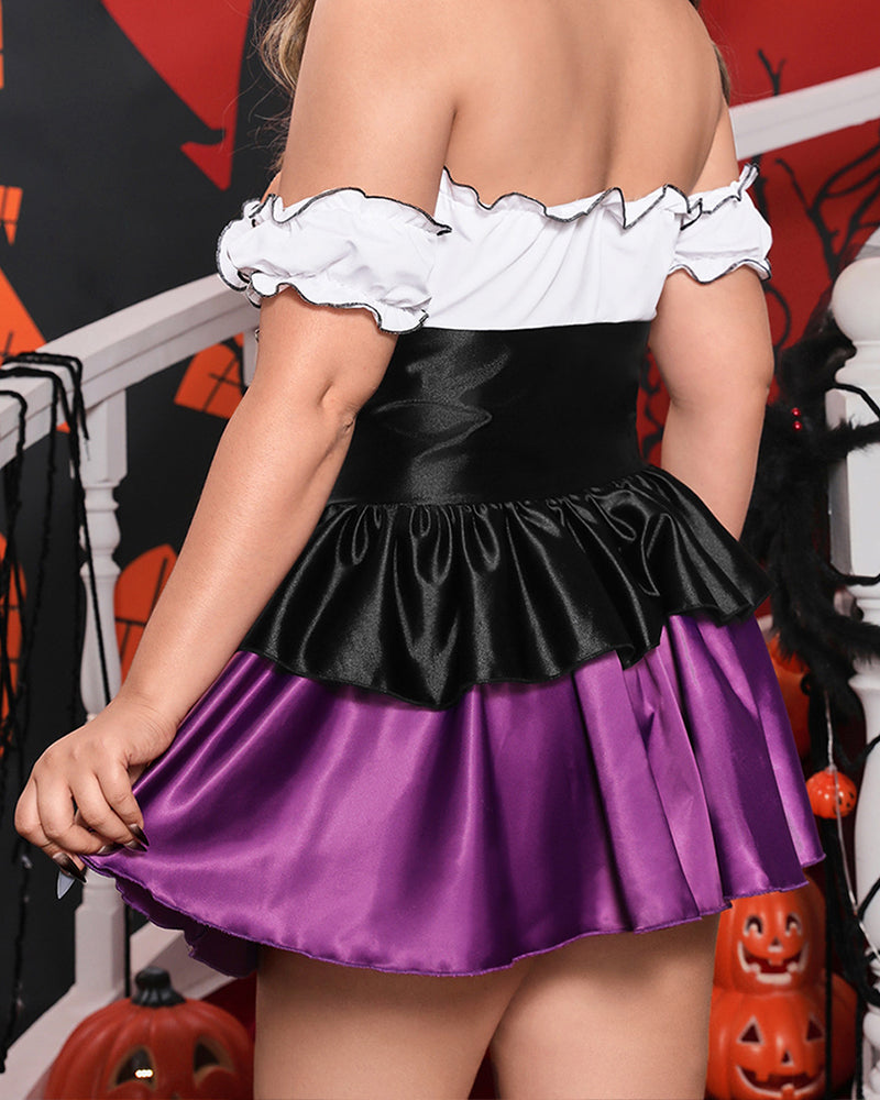 Off-shoulder cosplay dress close-up: white ruffled off-shoulder, black bodice, purple pleated skirt