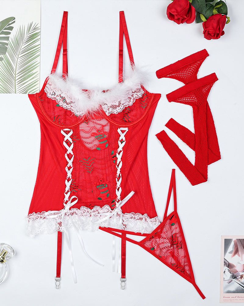 Red lace corset lingerie set with matching stockings and garter pieces, laid flat