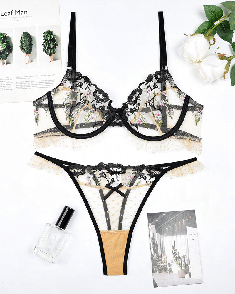 Apricot sheer mesh underwire bra and thong set with black lace floral trim