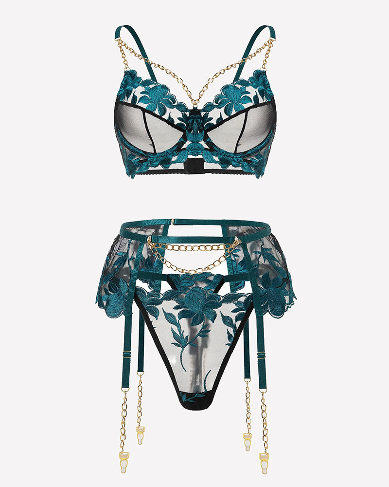Blue lace bra and sheer garter thong set, floral appliqué with chain accents