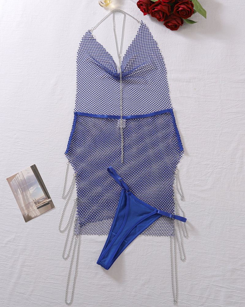Blue rhinestone chemise with thong, halter mesh set with blue waistband and dangling chains