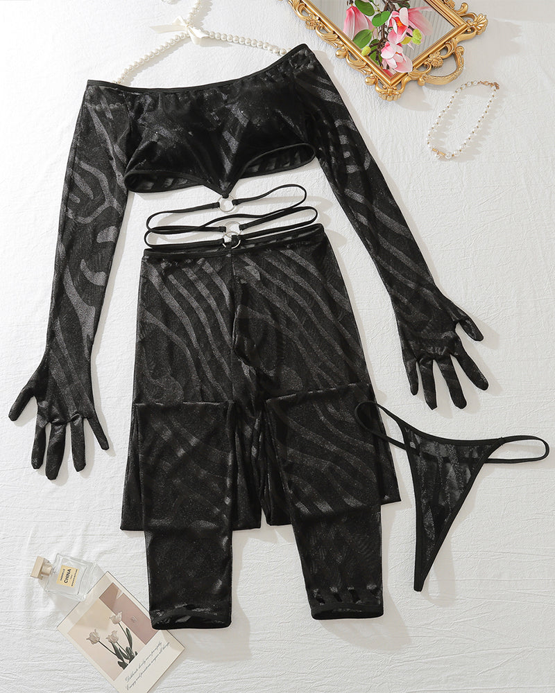 Black fishnet lingerie set: long-sleeve crop top, gloves, garter straps, leggings