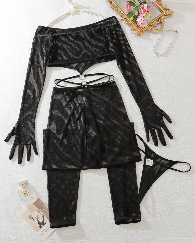 Black fishnet lingerie set with long-sleeve crop top, gloves, garter straps, and pants