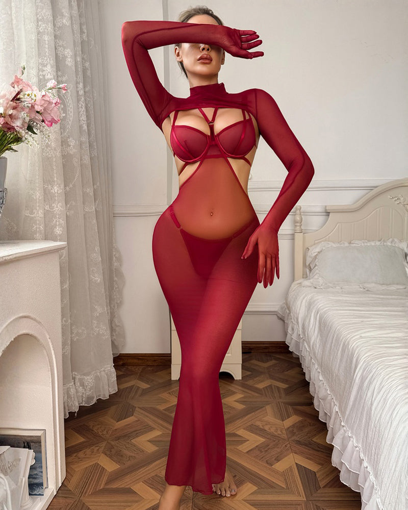 Wine red sheer mesh lingerie dress with long sleeves and cutout back
