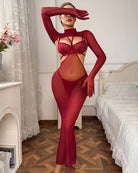 Wine red sheer mesh lingerie dress with long sleeves and cutout back