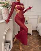 Wine red sheer mesh lingerie dress with strappy bust and floor-length hem