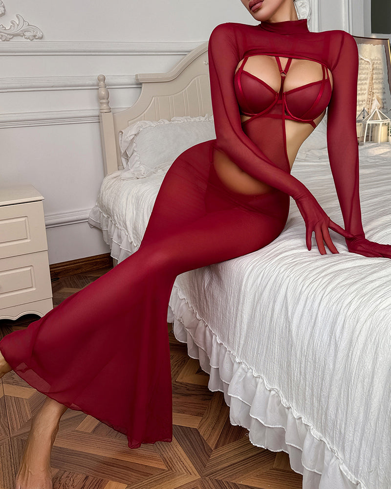 Wine red sheer mesh lingerie dress with long sleeves and open bust