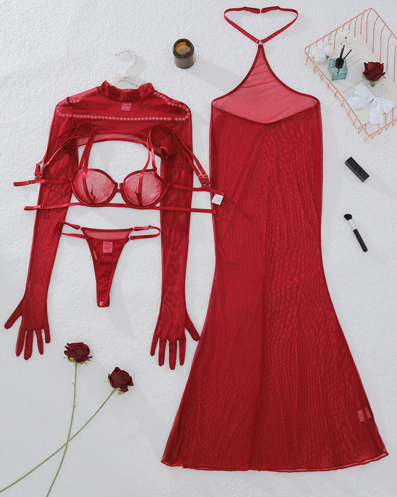 Wine red sheer lingerie dress, bra, panty and long-sleeve mesh top laid flat