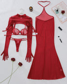 Wine red sheer lingerie dress, bra, panty and long-sleeve mesh top laid flat
