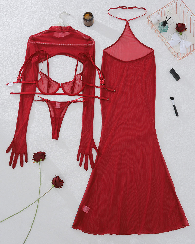 Wine red sheer lingerie set pieces: long-sleeve mesh top, bra, and panty with dress
