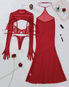 Wine red sheer lingerie set pieces: long-sleeve mesh top, bra, and panty with dress