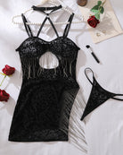 Black leopard print night dress with panty, adjustable harness straps and chain tassels