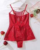 Red patent leather mini dress bodysuit with central zipper and thong bottom