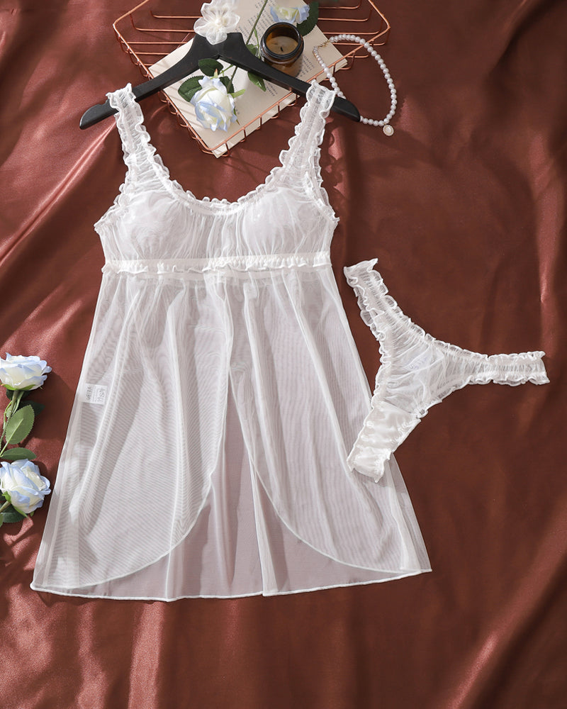 White sheer babydoll night dress with lace-trimmed neckline and matching lace thong, flat