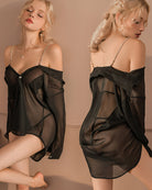 Black chiffon nightdress, front and back angles with chain straps and off-shoulder ruffle