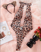 Leopard halter bodysuit with deep V cutout front and thong-style bottom
