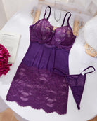 Purple lace camisole slip dress with lace cups and matching thong