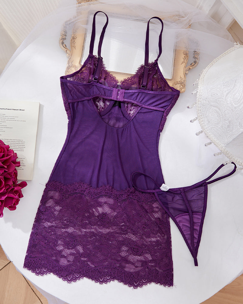 Purple lace-insert slip dress with adjustable straps and matching thong