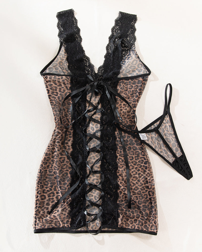Leopard sheer slip dress with lace V neckline and crisscross lace-up back
