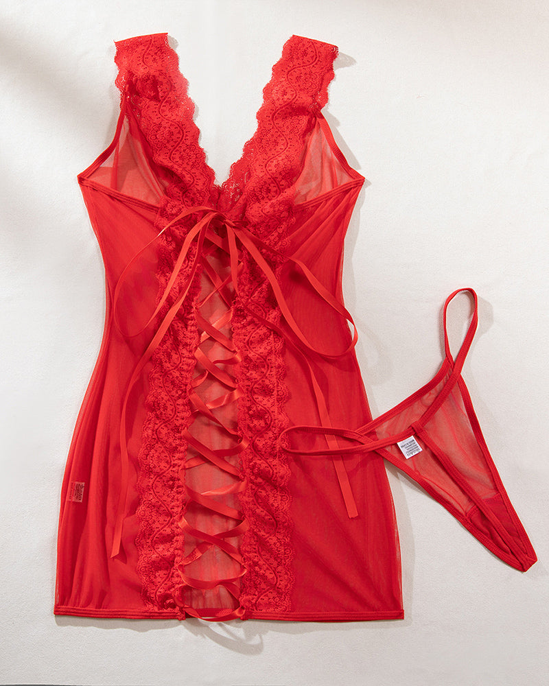 Red backless lace-up slip dress with scalloped lace bodice and sheer mesh overlay