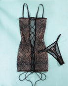 Leopard print mesh lace-up slip dress with bow detail and matching thong