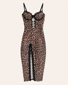 Leopard-print lingerie dress with black lace cups and front keyhole detail