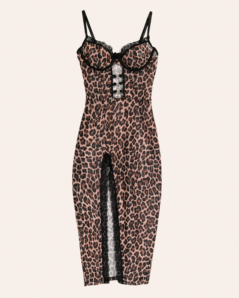 Leopard-print lingerie dress with black lace cups and front keyhole detail