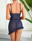 Navy blue sheer back lingerie dress with lace trim and ruffled mini hem