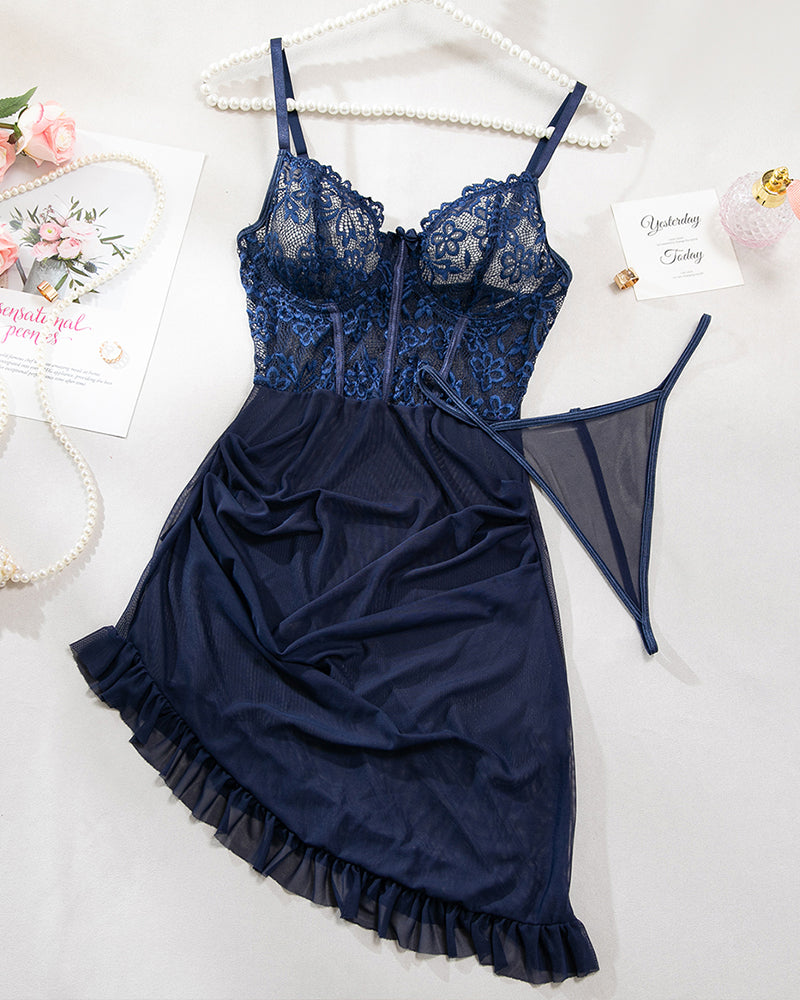 Navy blue lace mesh lingerie dress with thin straps and G-string set, on hanger