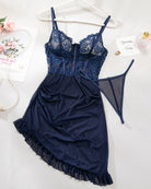 Navy blue lace mesh lingerie dress with thin straps and G-string set, on hanger