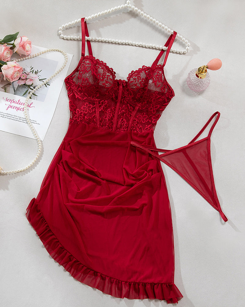 Wine red floral embroidered mesh chemise with lace cups and ruffle trim, G-string